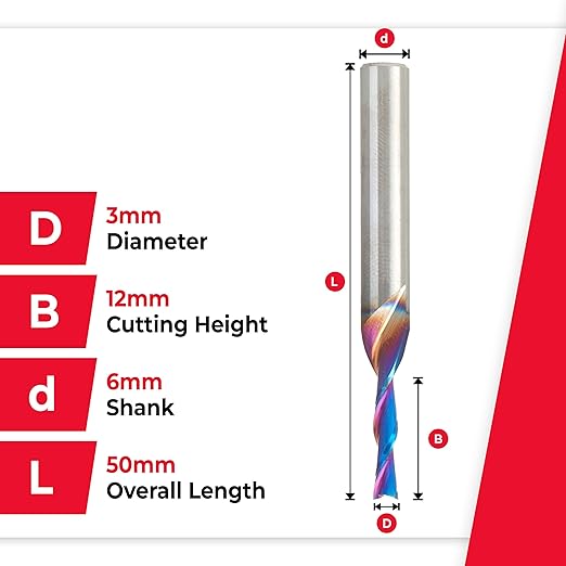 Amana Tool 48214-K SC Spektra Extreme Tool Life Coated Spiral Plunge 3mm Dia x 12mm CH x 6mm SHK 50mm Long Down-Cut Router Bit