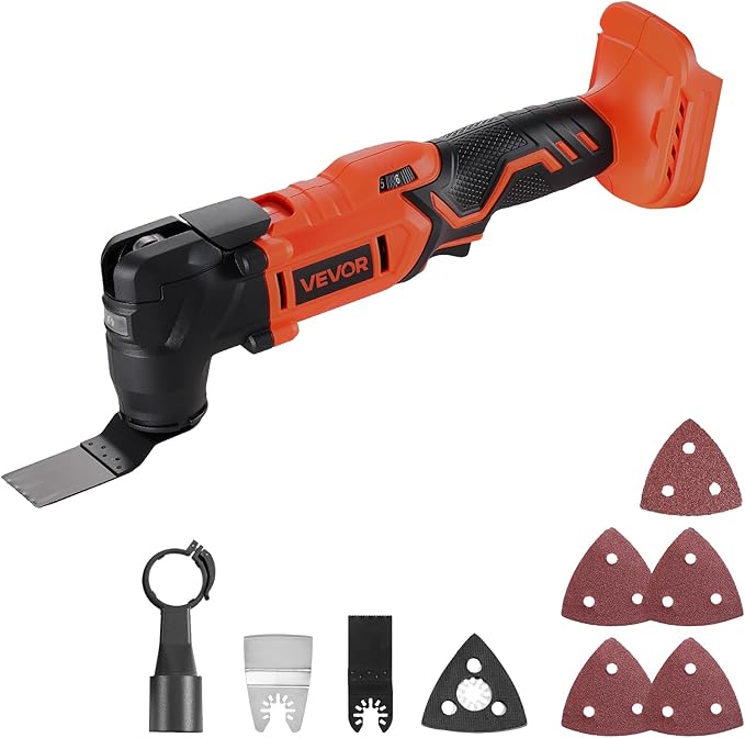VEVOR Cordless Oscillating Tool, 20V Multitool Oscillating Tool with 6 Variable Speeds 8500-17000 OPM, 3.2째 Oscillating Angle, 8PCS Saw Accessories & LED Work Light (Battery Pack Not Included)