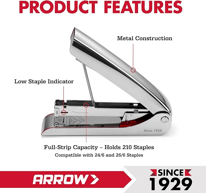 Arrow Metal Stapler, Full-Strip Stapler for Desk with 2520 Staples, 25 Sheet Capacity, Rear Staple Storage, Dual-Mode Anvil, Non-Slip Base, for Office, Classroom, and School