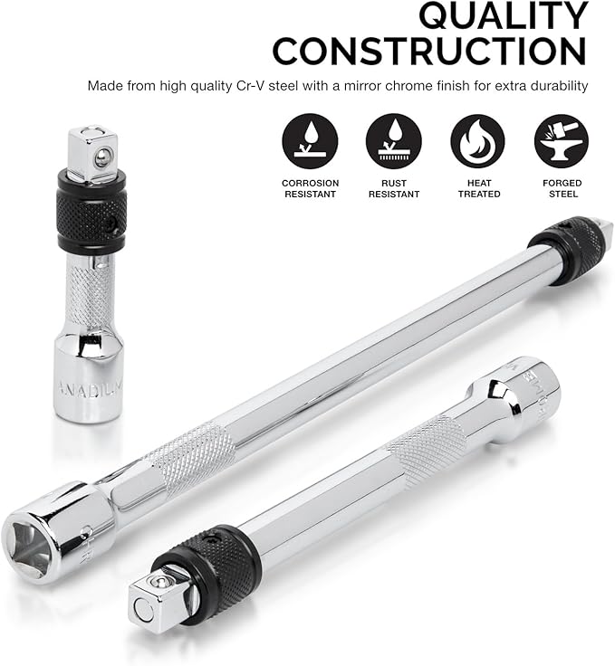 NEIKO 00295A 3/8" Drive Locking Extension Bar Set, 3 Piece, 3", 6", 10", Remove Sockets and Sparkplugs, Cr-V, Silver