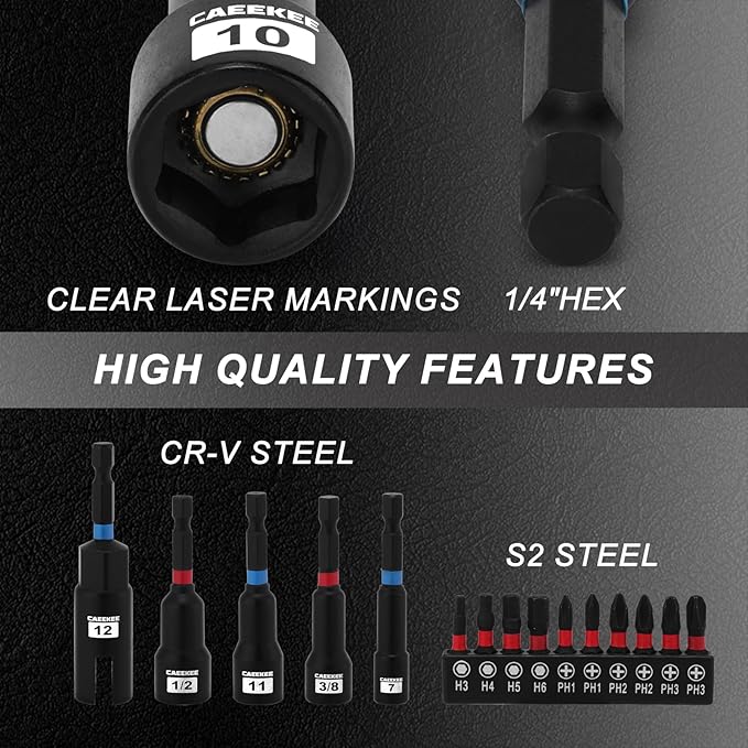 68PCS Magnetic Nut Driver Set for Impact Drill, 1/4" Impact Drill Driver Bit Set, Metric & SAE, Screwdriver Bits, Socket Adapters, Quick-Release Extension, Wing Nut Drivers, Storage Case