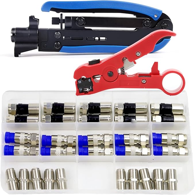 XINTAIHELE Coax Cable Crimper Kit Coaxial Compression Tool F RG6 RG59 75-5 75-7 Fitting Wire Coax Stripper 20PCS F Male And 10pcs Female Connectors