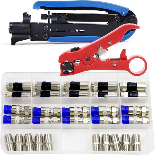 XINTAIHELE Coax Cable Crimper Kit Coaxial Compression Tool F RG6 RG59 75-5 75-7 Fitting Wire Coax Stripper 20PCS F Male And 10pcs Female Connectors