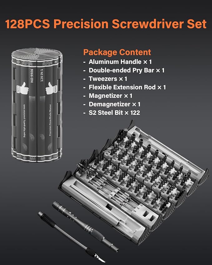 128 in 1 Precision Screwdriver Set, Professional Magnetic Repair Tool Kit with 122 Bits for Computer, PC, iPhone, Laptop, Game Console, Watch, Xbox, PS5, MacBook, Ring Doorbell