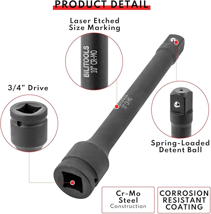 BILITOOLS 3/4" Drive Impact Extension Set 4", 6", 10" CR-MO Steel Socket Ratchet Wrench Extension Bar Set
