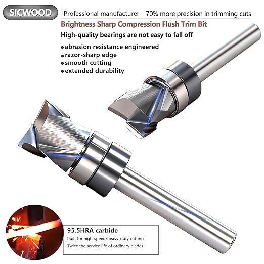 Solid Carbide Compression Flush Trim Router Bit 1/4 Shank, 2+2 Flute, 1/2" Diameter, 1/2" Cutting Length, Pattern and Mortising Trim Router Bit, Template Top Bearing Router Bit