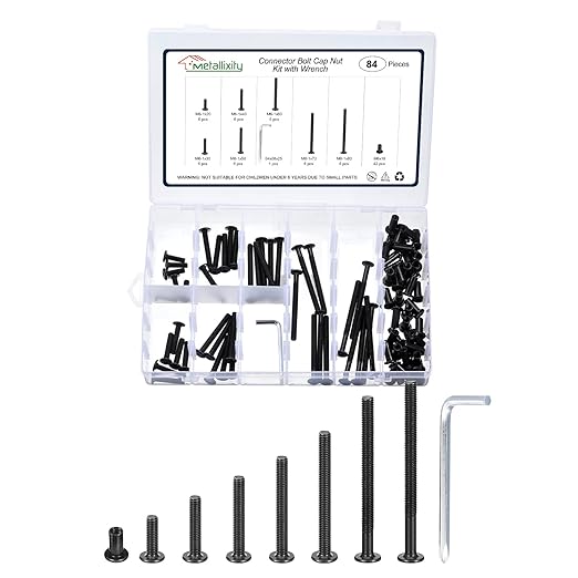 METALLIXITY Furniture Crib Screws Replacement Set with Wrench(M6-1x20/30/40/50/60/70/80mm) 84Pcs, Galvanization Connector Bolts M6 Barrel Nuts Binding Screws, for Chair Cabinet Bed, Black