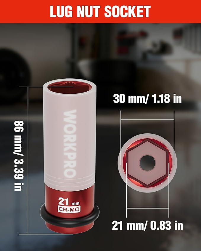WORKPRO 1/2" Drive Lug Nut Impact Duty Socket, 21mm Deep Thin Wall Socket, Made of Premium Cr-Mo Steel, Non-Marring Lug Nut Wheel Sockets for Car