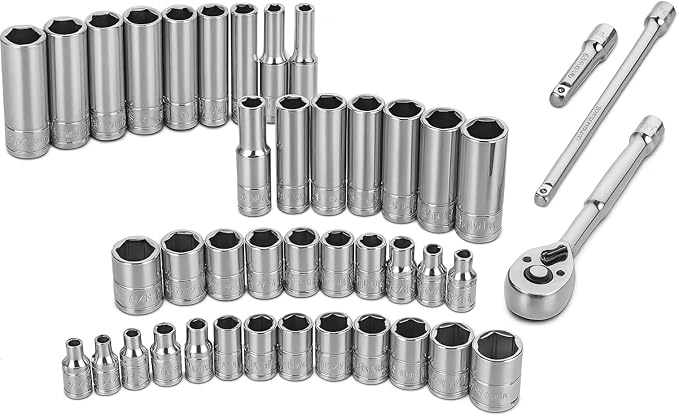Steel Vision Tools 44-Piece 1/4" Drive SAE & Metric Socket Set, Shallow & Deep, Chrome Finish, 72T Ratchet & Extensions, Mechanic Tool Kit for Automotive & DIY Repair