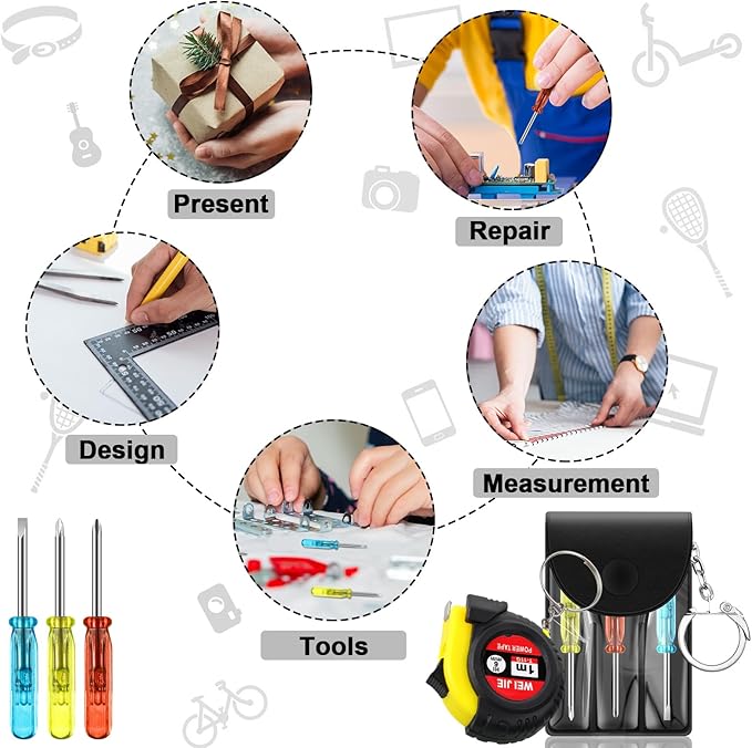 48 Pcs Mini Tape Screwdriver Keychain Set Valentine's Day Men Gifts Bulk Employee Appreciation Gift Bulk Multitool Pen Card for Adult Tool Party (Yellow,Black)