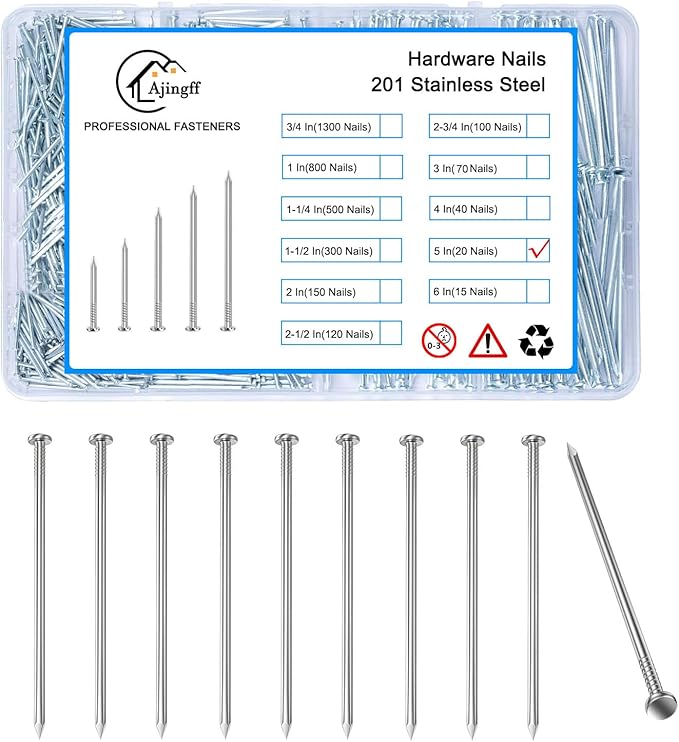 20PCS Galvanized Steel Hardware Nails with Storage Box, 5Inch Flat Head Nails for Hanging Pictures and Woodworking, Picture Hanging Nails, Long Nails, Wall Nails, Wood Nails, Finishing Nails
