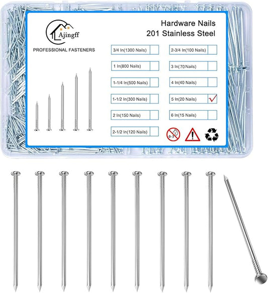 20PCS Galvanized Steel Hardware Nails with Storage Box, 5Inch Flat Head Nails for Hanging Pictures and Woodworking, Picture Hanging Nails, Long Nails, Wall Nails, Wood Nails, Finishing Nails