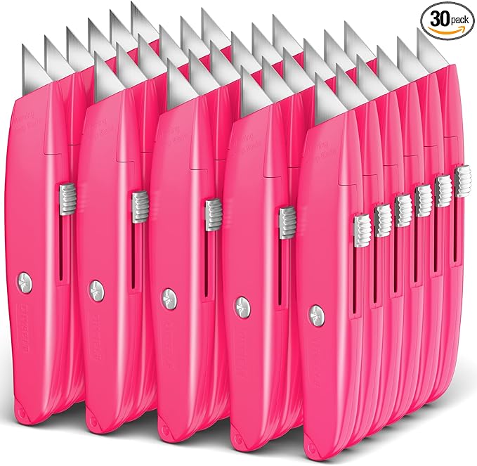 DIYSELF 30 Pack Box Cutter Heavy Duty Aluminium Shell Utility Knife | SK5 Steel Sharp Blade | Retractable Knife for Cutting Cartons Ropes and Cardboard | Home and Office Use, PVC Pipe Cutter (Pink)