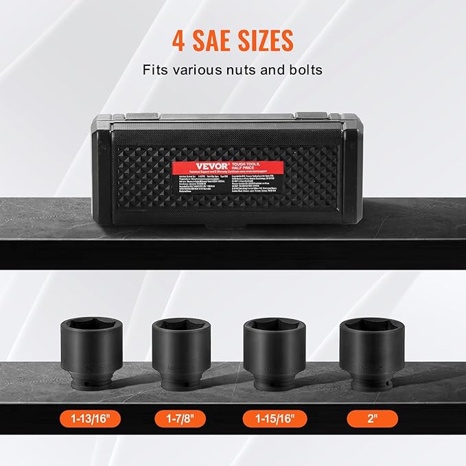 VEVOR Axle Nut Impact Socket Set, 1/2" Drive 6-Point 4-Piece SAE Spindle Nut Socket Set, CR-MO Heat Treated Large Socket Set with Storage Case, for Auto Repair, Removing or Installing Axle Nuts