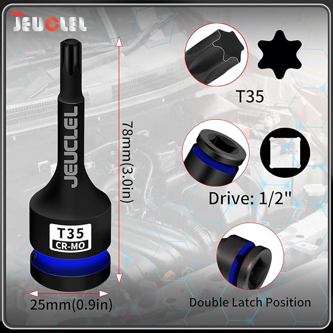 T35 Torx Bit Socket, 1/2" Drive Torx Star 6 Point Impact Bit Socket, 3-Inch, Cr-Mo Steel, Screwdriver Adapter for Electric Ratchet Wrenches Fastening Screws Hand Repair