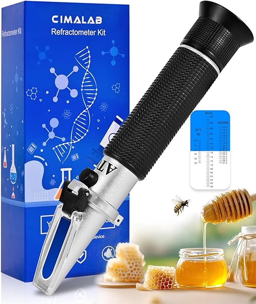 Honey Refractometer for Moisture, Brix and Baume, Brix Meter Refractometer with ATC, (12-27% Honey Moisture, 58-90% Brix, 38-43째 Baume), Refractometer Brix for Honey, Maple Syrup, Molasses, Fruit Jam