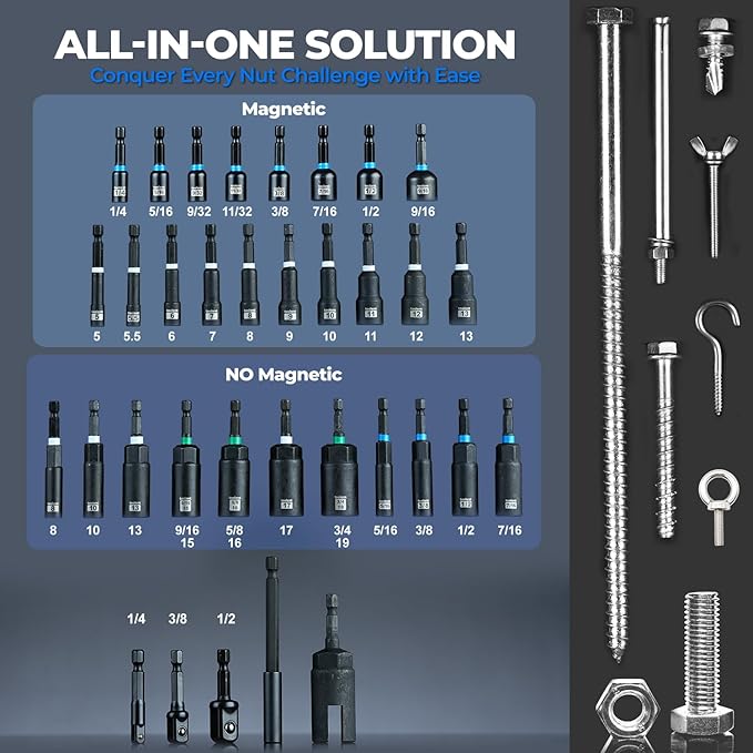 toolant 34 Piece SAE/Metric Nut Driver Set, Impact Driver Bit Set, Deep Nut Driver, Impact Socket Adapters, Wing Nut Driver, Tough Gift Case
