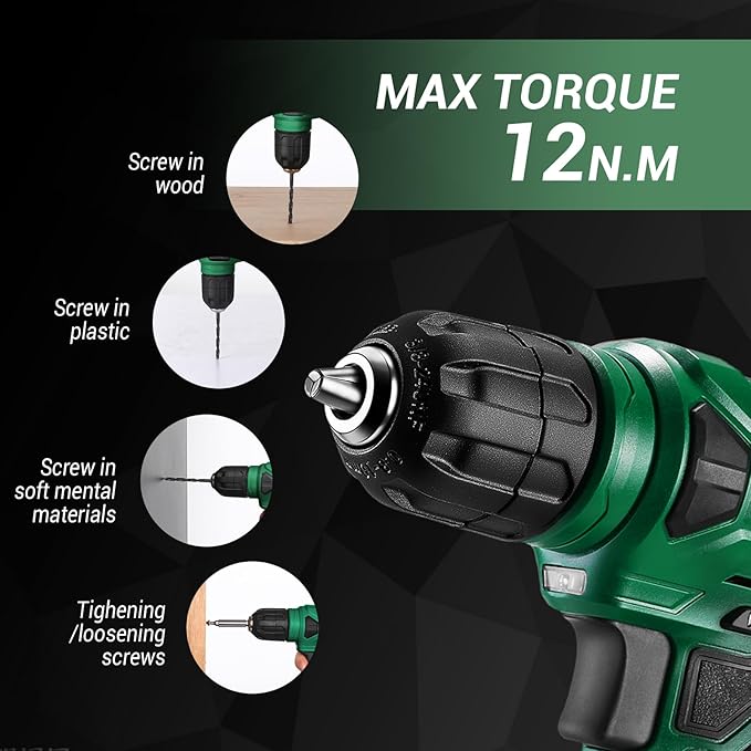 DEKOPRO 8V Cordless Drill, Drill Set with 3/8"Keyless Chuck, 42pcs Acessories, Built-in LED, Type-C Charge Cable, Green Power Drill for Drilling and Tightening/Loosening Screws
