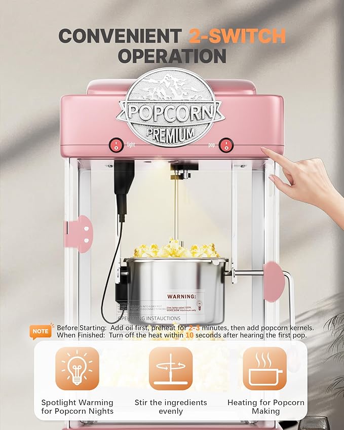 6 Oz Popcorn Machine, Tabletop Popcorn Maker, Countertop Pop Corn Machine, Movie Theater Popcorn Popper Machine with Stainless-Steel Kettle, Measuring Tool for Home Family, 300 W, Pink