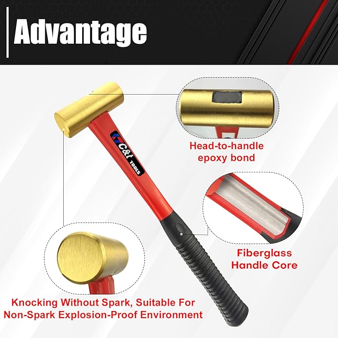 C&T 3-Piece Hammer Set, Jacketed Fiberglass Solid Brass Non-Sparking Hammers, 16, 24, 32oz, Non-Marring