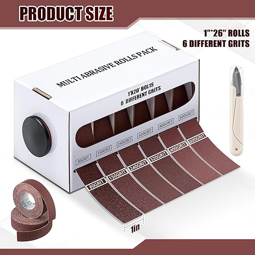 6 Grits Emery Cloth Roll 8m 1'' x 26' Sand Paper Roll with Dispenser, 80 150 240 320 400 600 Grit Abrasive Sand Paper Assortment for Wood Furniture Metal Automotive Polishing, Wet and Dry Use
