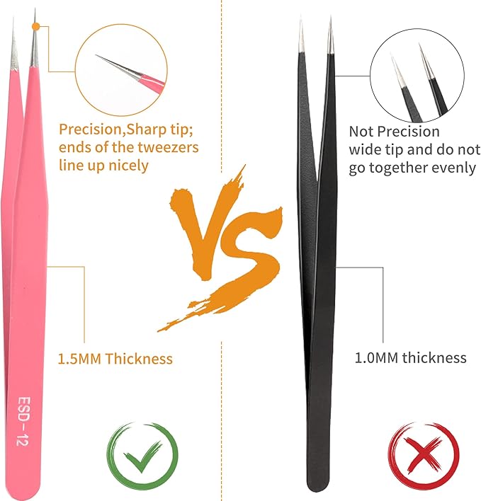 H&W Pink Precision Tweezers 6PCS Set, Upgraded Anti-Static Stainless Steel Curved of Tweezers for Women, for Electronics, Laboratory Work, Jewelry-Making, Craft, with Storage Bag