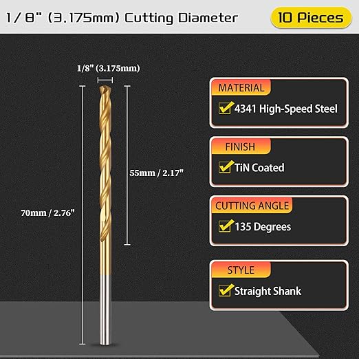 Drill Bit, 1/8" Cutting Diameter, 4341 HSS Jobber Bits TiN Coated 135° Cutting Angle - (Applications: for Drilling Soft Metal Plastic Wood), 10-Pieces