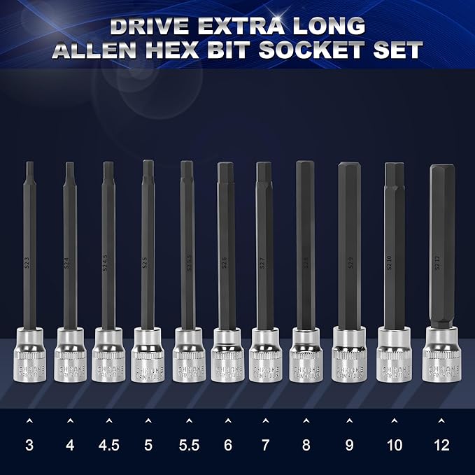 19-Piece 3/8 Inch Drive Extra Long Allen Hex Bit Socket Set, Standard SAE (1/8" - 3/8") & Metric(3mm-12mm)