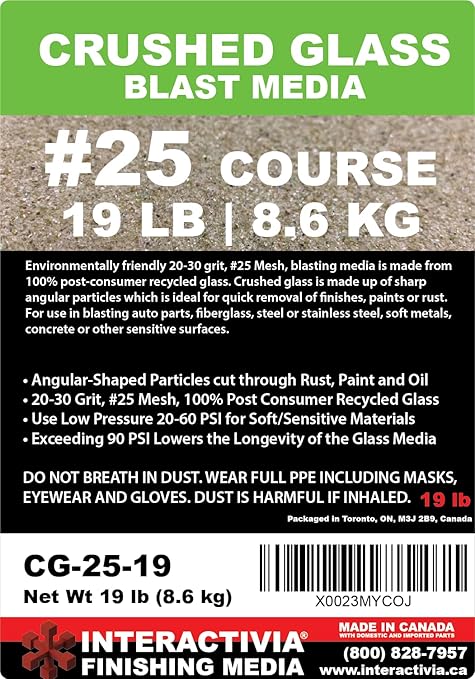 20-30 Grit (#25) Crushed Glass Abrasive - 19 lb or 8.6 kg - Blasting Abrasive Media (Course - Very Large) #25 Mesh - 940 to 559 Microns - for Blast Cabinets Or Sand Blasting Guns