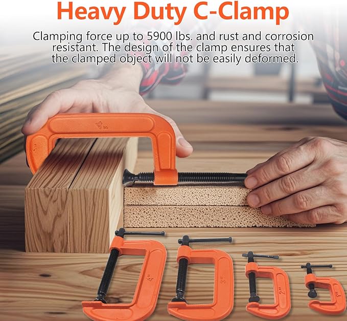 (4-Piece) C Clamps Set 1-Inch, 2-Inch, 3-Inch, 4-Inch Heavy Duty Steel Iron Alloy Versatile G-Clamps, Orange