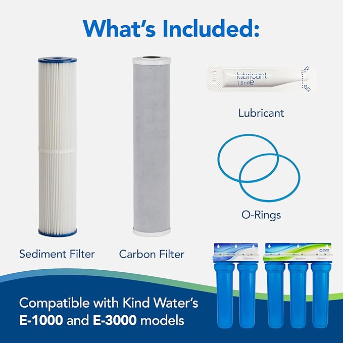 Kind Water 5-Micron Sediment & Carbon Replacement Filters ??Fits Kind & Evo E-1000/E-3000 Whole House Water Systems ??Includes O-Ring Kit & Lubrication ??6-12-Month Filter Refill