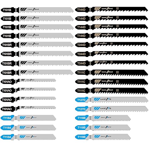 30PCS Jigsaw Blades Set, Assorted T-Shank Jig Saw Blades for Wood, Metal & Plastic Cutting(T101AO, T101B, T101BR, T118A, T118B, T144D, T244D, T111C, T127D)