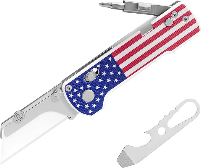 OKNIFE U1 Pro Multitool Folding Utility Knife with Folding Screwdriver, Quick Change Blade, Rail Lock & Pocket Clip for Men Women (Stars & Stripes)