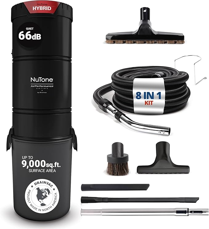Drainvac Broan-nutone 700 Air watts Residential Central Vacuum System with Standard Tool Set Accessories for Cleaning Floors, Carpet or Any Surfaces - Anti-Vibration, Powerful Suction