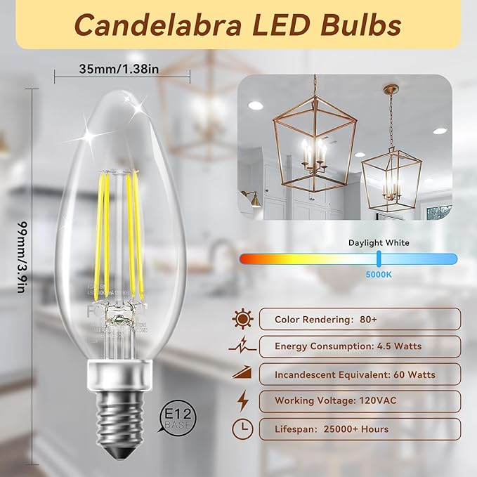 TJOY LED Candelabra Bulbs Dimmable, 60W Equivalent Chandelier Light Bulb, E12 Small Base, 4.5W 5000K Daylight White, B11 Vintage Filament Clear Glass Candle Light for Ceiling Fan Chandeliers, 12Pack