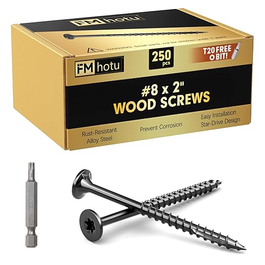 #8 x 2” Deck Screws, 250Pcs Star Drive Wood Screws, Rust Resistant Timber Screws for Timber/Log/Landscaping Wood, T20 Star Bit Included, Black