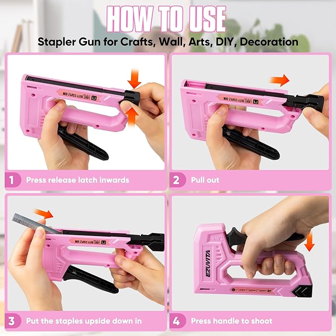 EZUVITA Light Duty Staple Gun for Wood, Pink Upholstery Staple Gun Kit with 2000pcs JT21 Staples 1/4, 5/16, 3/8 inch and Staple Remover, Stapler Gun for Crafts, DIY, Classroom, Decoration