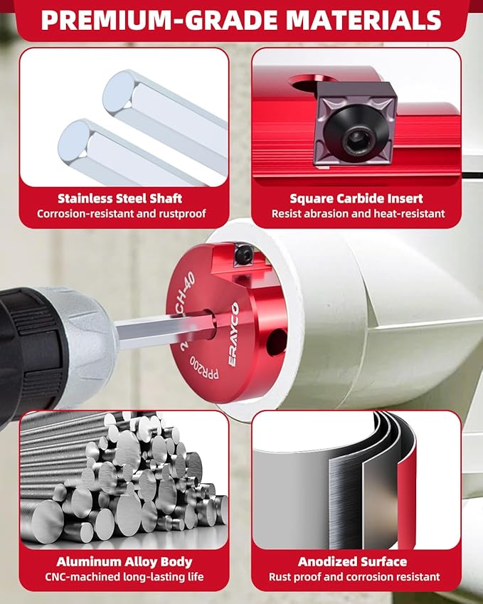 ERAYCO 4-Piece PVC Pipe Reamer Kit, Plastic Pipe Fitting Reamer Tool, Fit into Standard 1/2" Drills, PVC Fitting Saver for SCH40 PVC CPVC ABS Pipe (1-1/2'', 2'', 3'', 4'')