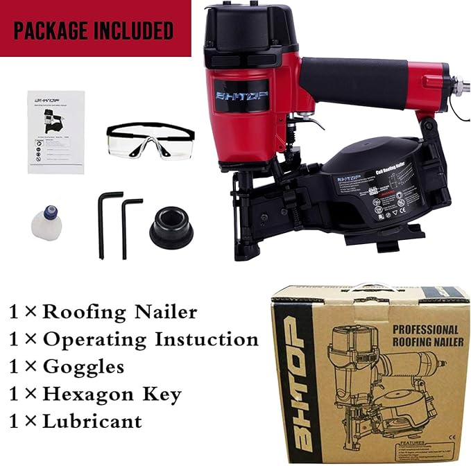 BHTOP CN45N Roofing Nailer, 15 Degree Roofing Nail Gun, 3/4-Inch to 1-3/4-Inch Coil Nails, 120-pcs Load Capacity Coil Nailer in Red