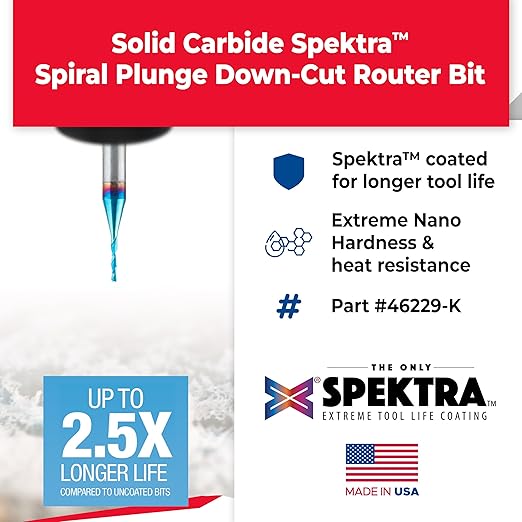 Amana Tool Solid Carbide Spektra Extreme Tool Life Spiral Plunge Router Bit Down-Cut, 46229-K, 1/32 Dia x 1/8 x 1/8 CH Inch Shank 2 Inch L