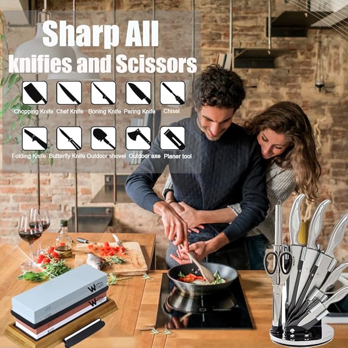 Knife Sharpening Stone Kit ??400/1000 3000/8000 Grit Wet Kitchen Whetstone Knife Sharpener Set with Non-slip Bamboo Rubber Base, Angle Guide, Flattening, Leather Strop and Cut Resistant Gloves