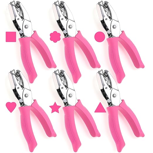 6 Pack 1/4 Inch Hole Punch, Metal Handheld Small Hole Puncher, Metal Handheld Paper Punch with Soft Grip for DIY Craft Tags Clothing Ticket Scrapbook, Circle, Heart, Star, Triangle Shapes