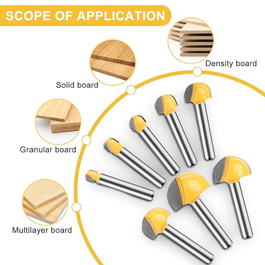 Cove Box Router Bit Set 1/4 Inch Shank, 8 Pcs Solid Carbide Double Flute Cove Box Round Nose, Cutter for 1/4", 5/16", 3/8", 1/2", 5/8", 3/4", 7/8", 1" Cutting Diameter