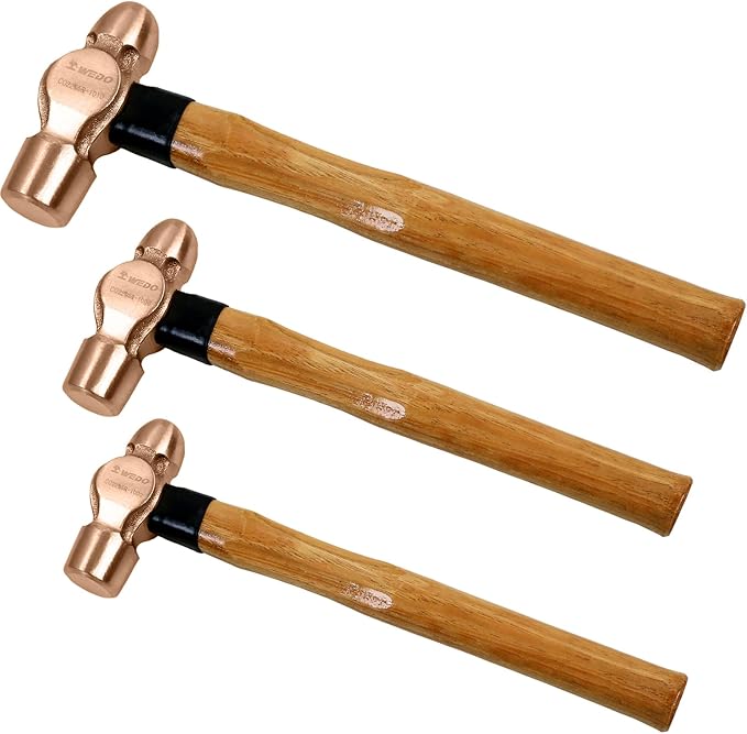 WEDO 3PCS Copper Ball Peen Hammer Set, 8 oz + 16 oz + 32 oz(1/2lb+1LB+2lb),Ball Pein Hammer with Wooden Handle, Die-Forged, Corrosion Resistant, DIN Standard