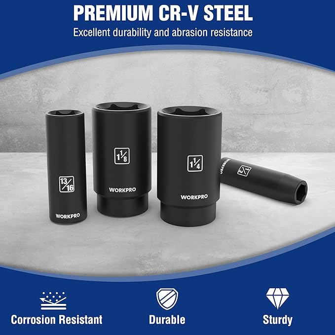 WORKPRO 14-Piece 1/2竊?Drive Deep Impact Socket Set, 6-Point Impact Deep Socket Set with Heavy Duty Storage Case for Automotive and Mechanical Repairs, 3/8"-1-1/4", Cr-V Steel, SAE