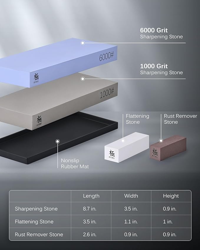 KYOKU Sharpening Stone Whetstone Kit, Knife Sharpening Set with 1000 & 6000 Grit Knife Sharpener Stones, Professional Japanese Whetstone Bundle with Nonslip Rubber Mat Rust Remover Flattening Stone