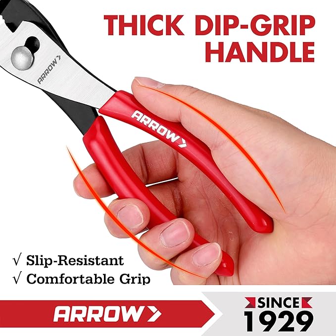 ARROW 8" Slip Joint Pliers, Pliers Tool with Thick Dip-Grip Handle, Strong Grip Jaws, High Carbon Steel, Pliers for Gripping, Loosening Nuts and Bolts, Cutting Steel Wire