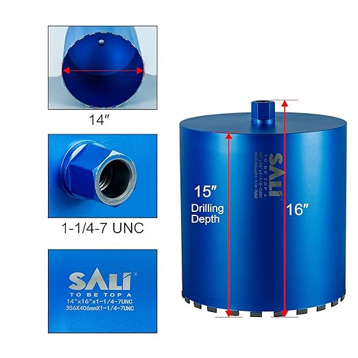 SALI Wet Diamond Core Drill Bits 14"/358mm Diameter, 15"/380mm Drilling Depth Concrete Core Drill Bit, 1-1/4-7" Thread Core Bit Turbo Laser-Welded Segments with Rebar, Brick, Block, Masonry, Stone