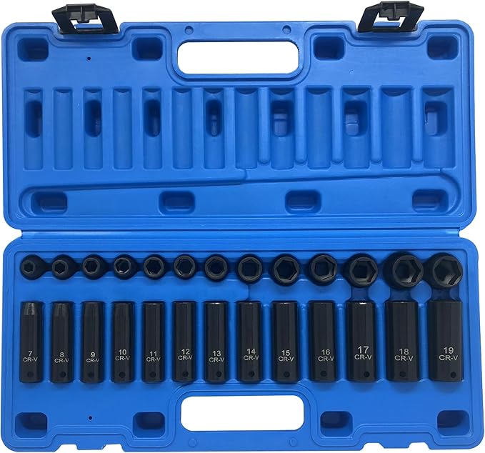 26pcs 3/8" Impact Socket Set, Deep & Standard Socket, Metric 7mm to19mm, 6-Point, Cr-V Steel