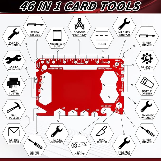Cholemy 12 Pcs Credit Card Wallet Multitool 46 in 1 Metal Stainless Steel Survival Pocket Tool Multipurpose Bottle Opener Bulk for Men Christmas Stocking Stuffer Gift(Black, Red, Gold,Classic Style)